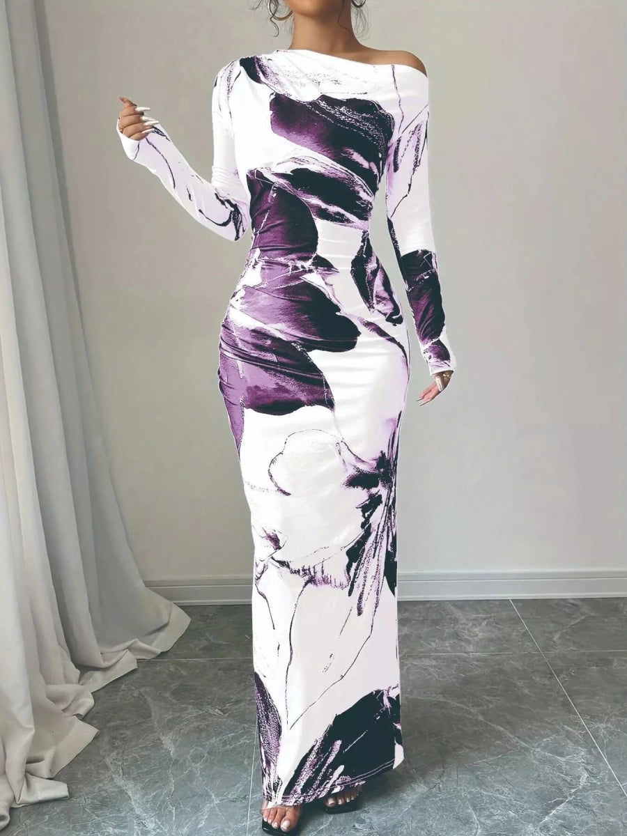 Floral One Shoulder Long Sleeve Maxi Dress - 