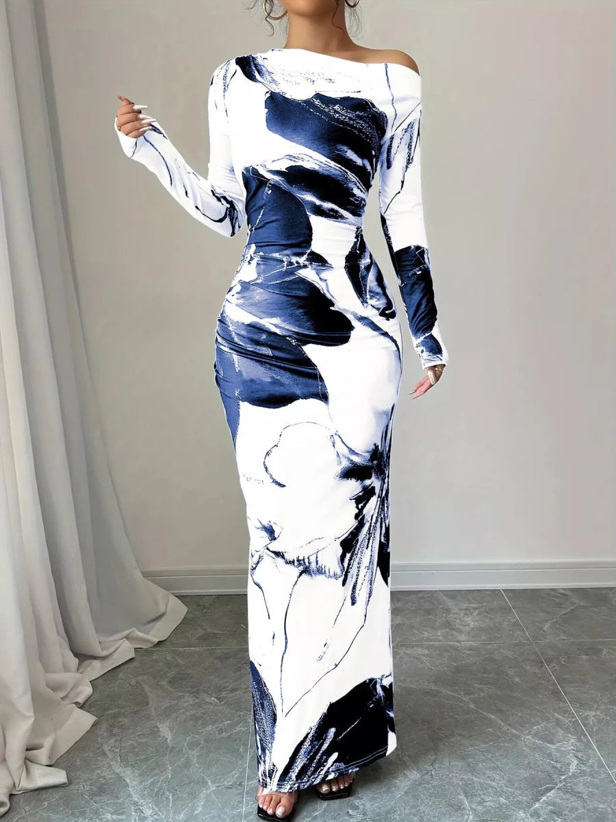 Floral One Shoulder Long Sleeve Maxi Dress - 