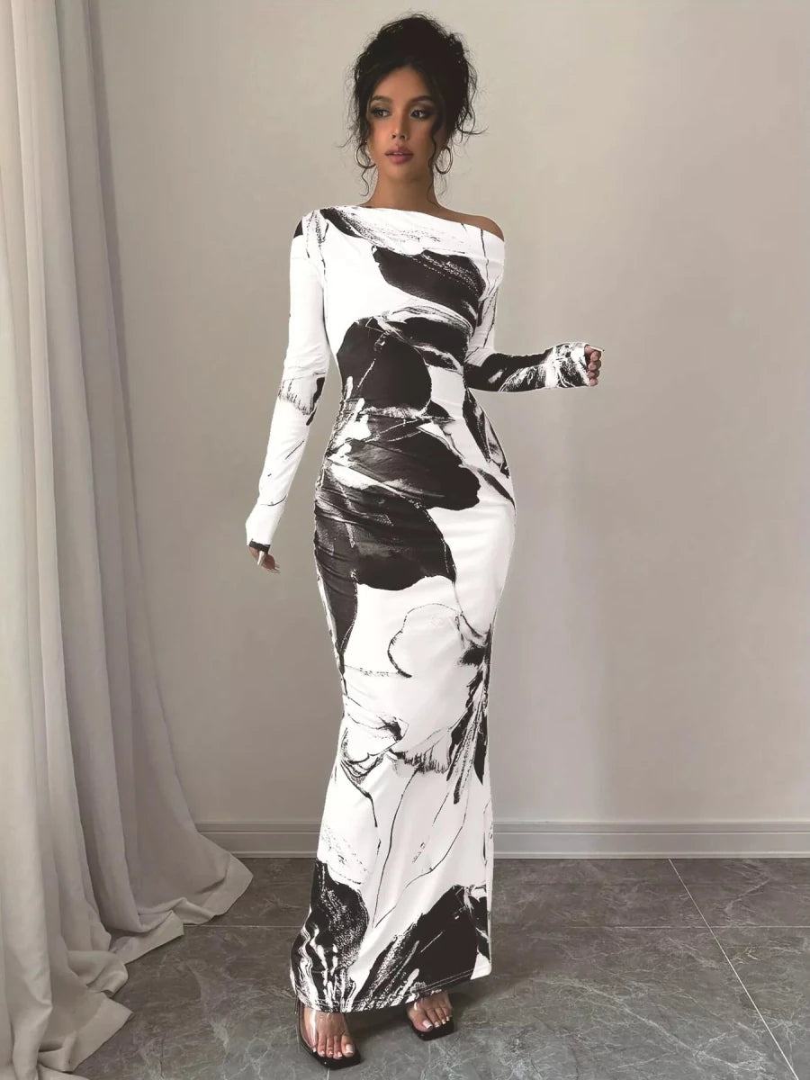 Floral One Shoulder Long Sleeve Maxi Dress - 