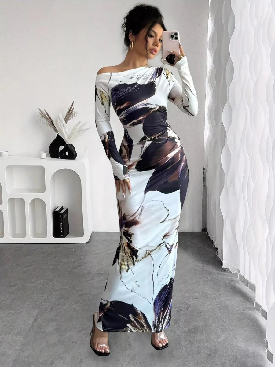 Floral One Shoulder Long Sleeve Maxi Dress - 