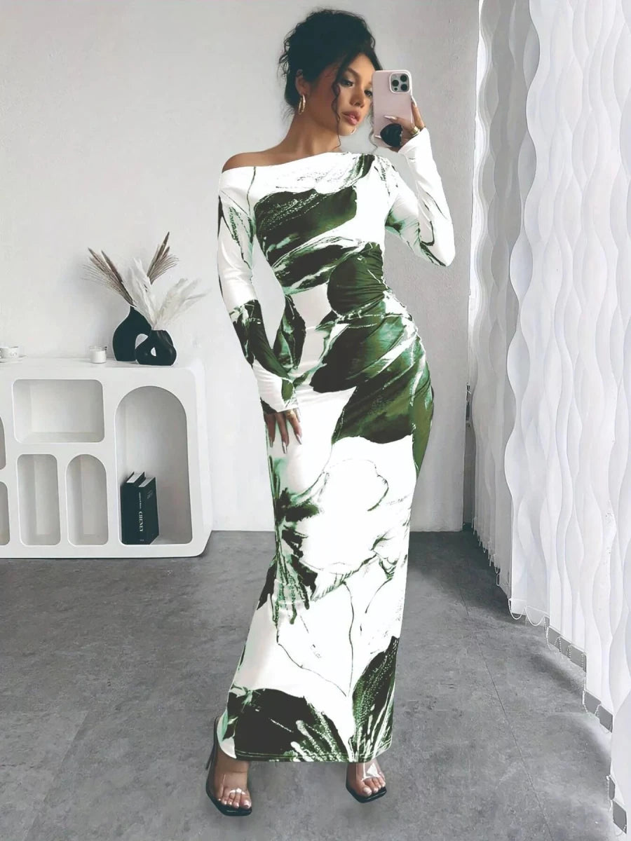 Floral One Shoulder Long Sleeve Maxi Dress - 