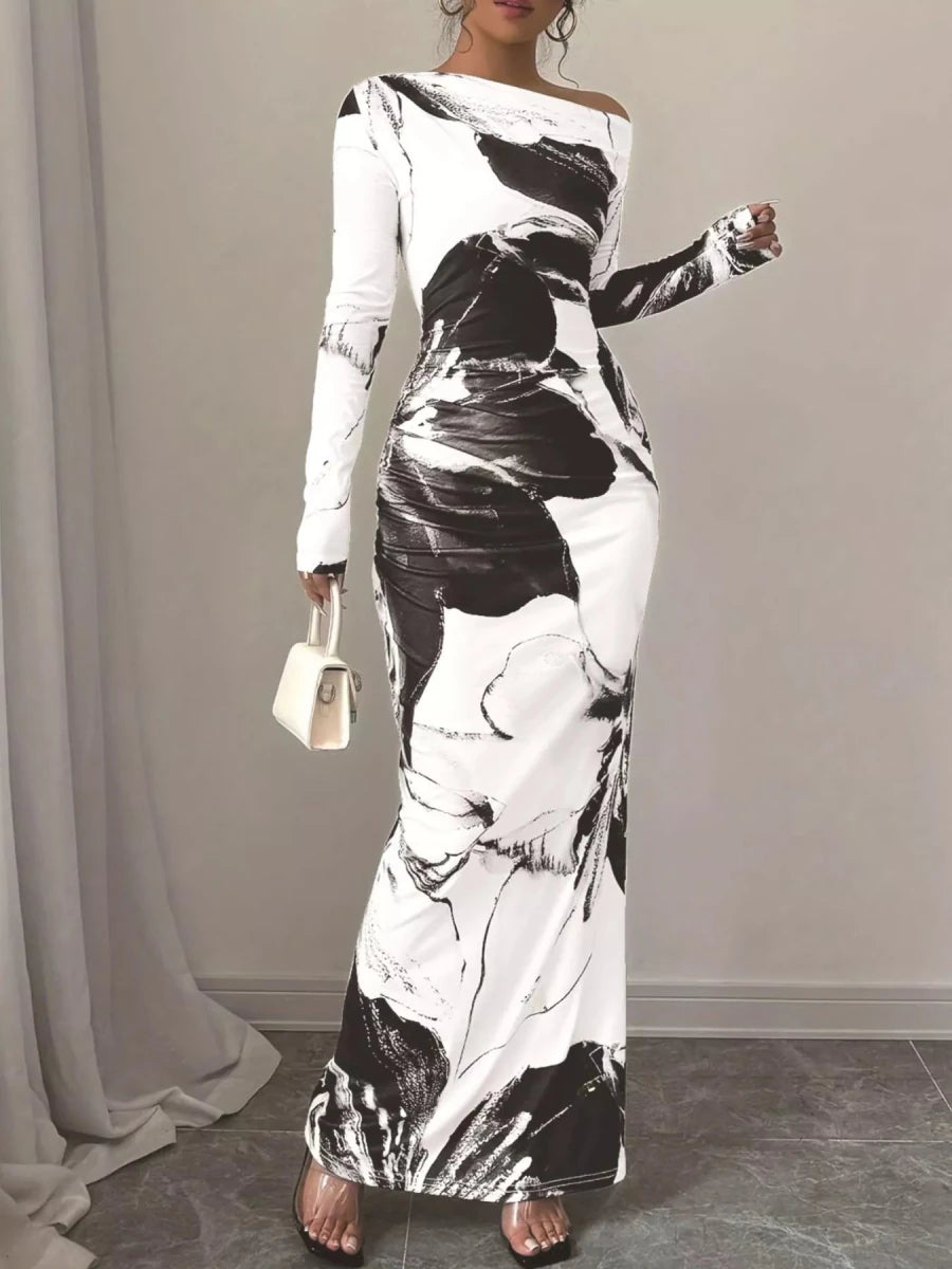 Floral One Shoulder Long Sleeve Maxi Dress - 