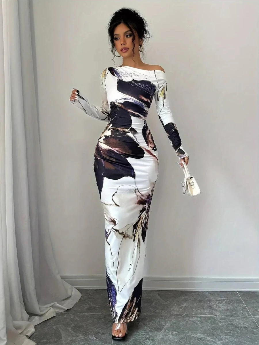 Floral One Shoulder Maxi Dress - 
