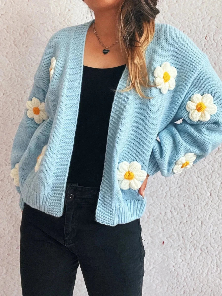 Floral Open Front Long Sleeve Cardigan - 