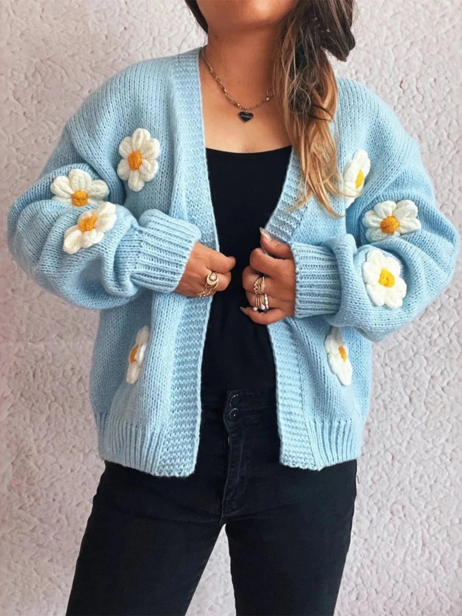 Floral Open Front Long Sleeve Cardigan - 