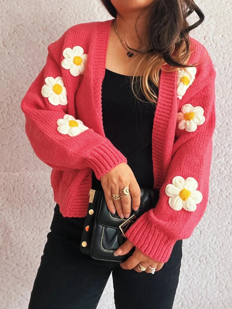 Floral Open Front Long Sleeve Cardigan - 