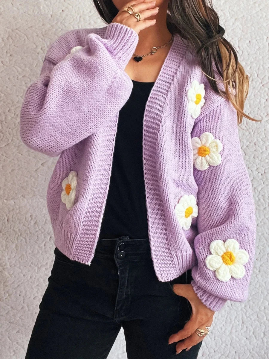 Floral Open Front Long Sleeve Cardigan - 