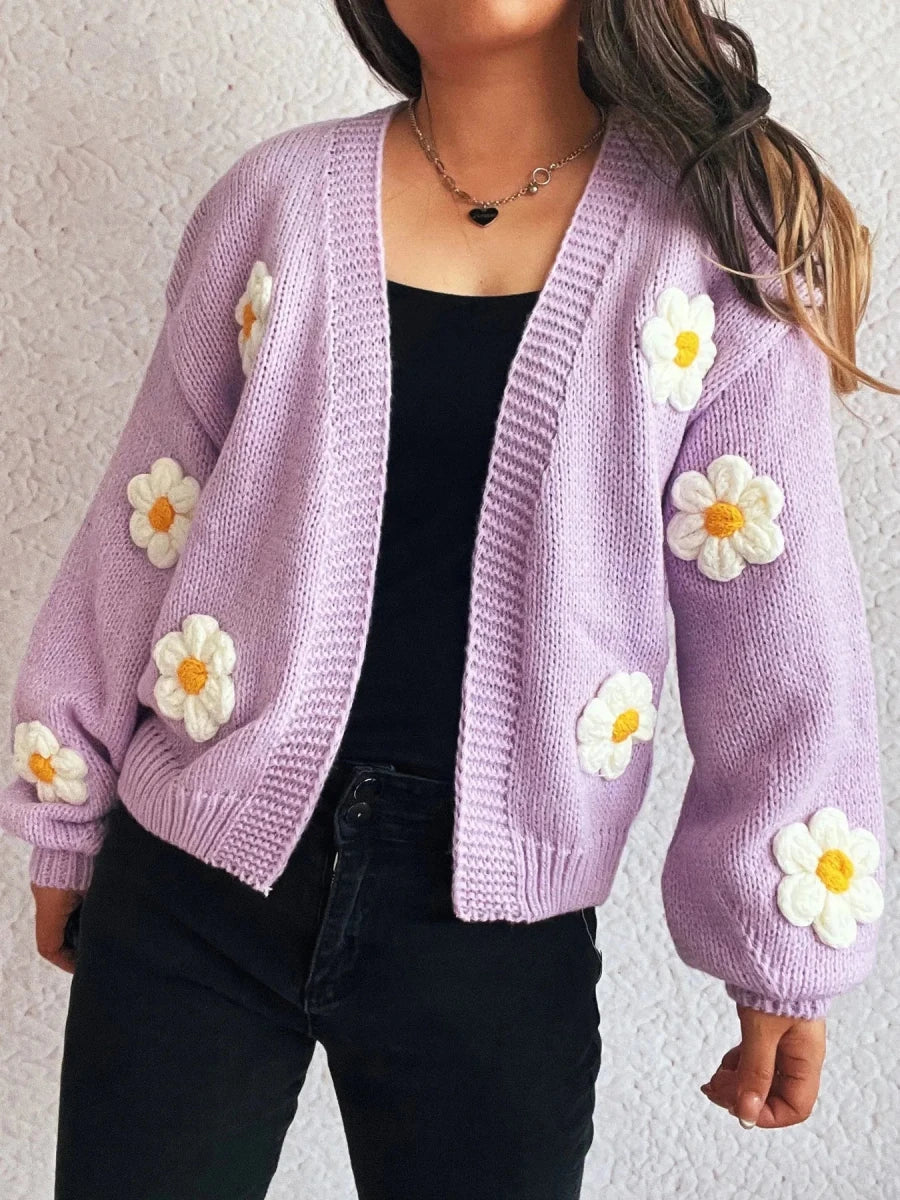 Floral Open Front Long Sleeve Cardigan - 