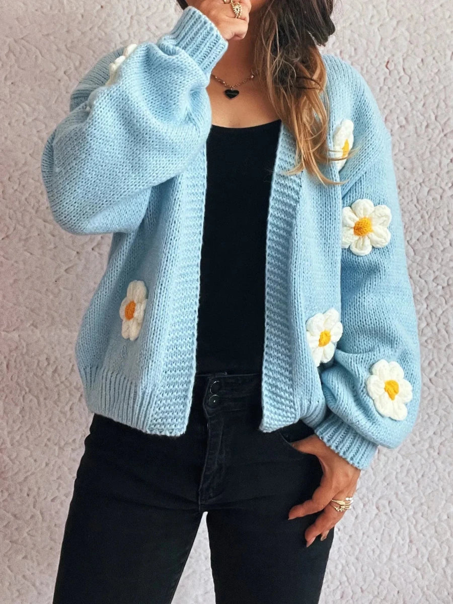 Floral Open Front Long Sleeve Cardigan - 