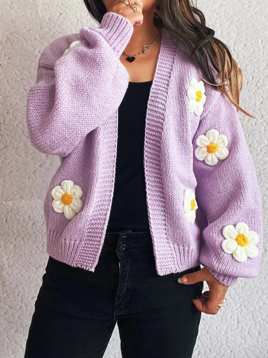Floral Open Front Long Sleeve Cardigan - 