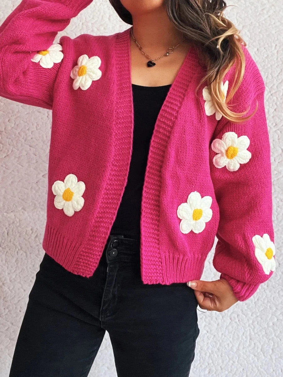 Floral Open Front Long Sleeve Cardigan - 