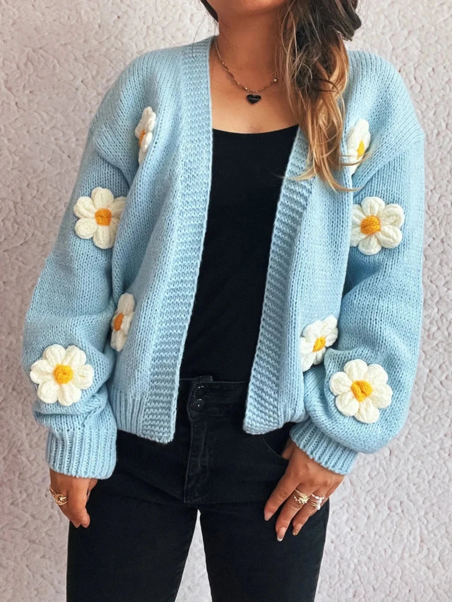 Floral Open Front Long Sleeve Cardigan - 