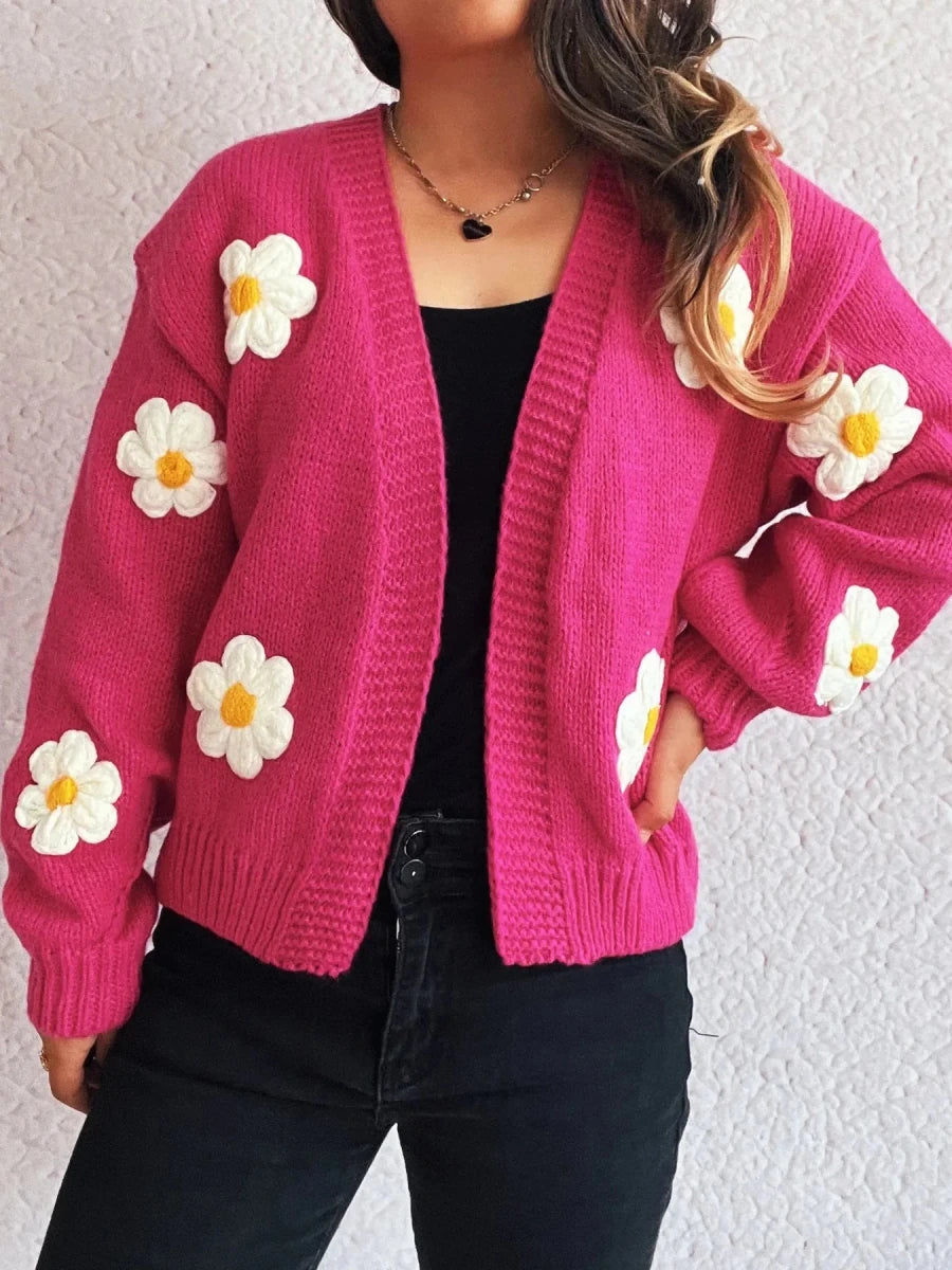 Floral Open Front Long Sleeve Cardigan - 