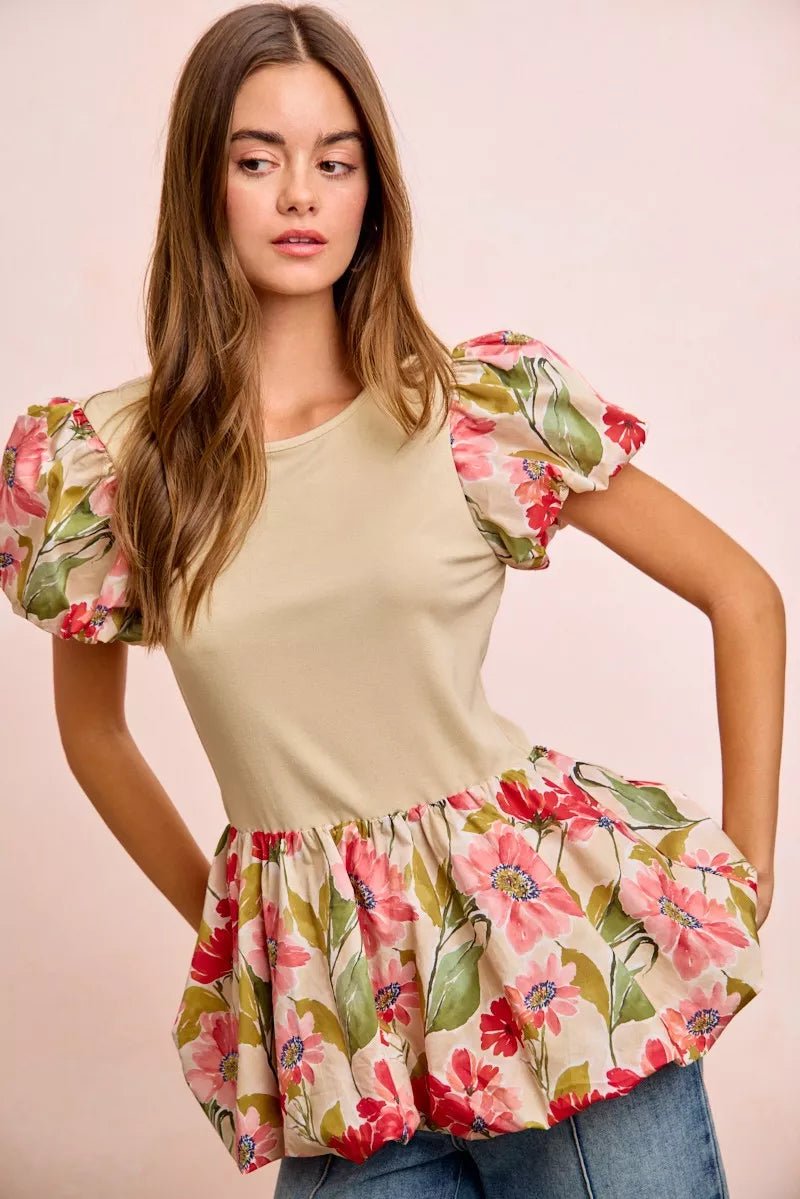 Floral Peplum Top with Bubble Sleeves - 