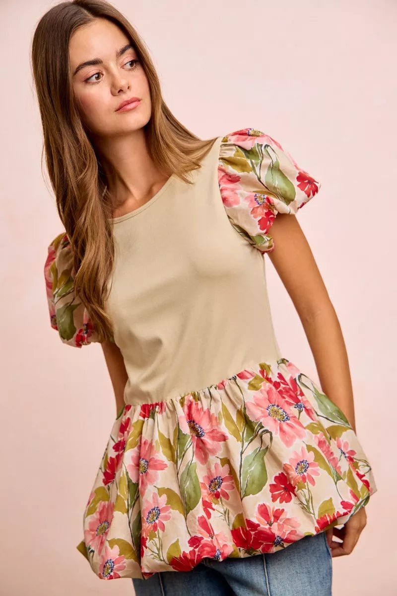 Floral Peplum Top with Bubble Sleeves - 