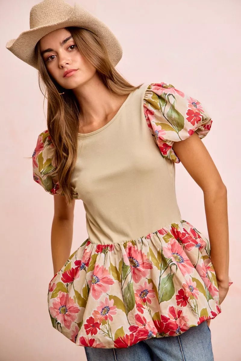Floral Peplum Top with Bubble Sleeves - 
