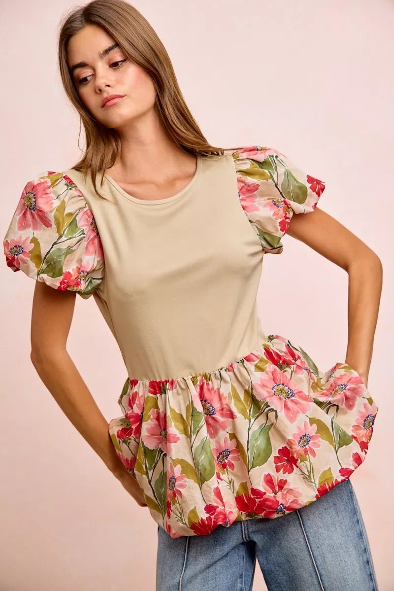 Floral Peplum Top with Bubble Sleeves - 