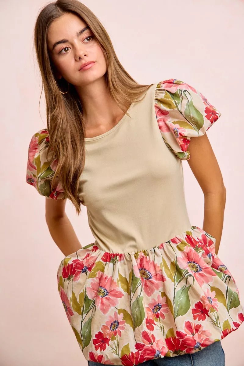 Floral Peplum Top with Bubble Sleeves - 