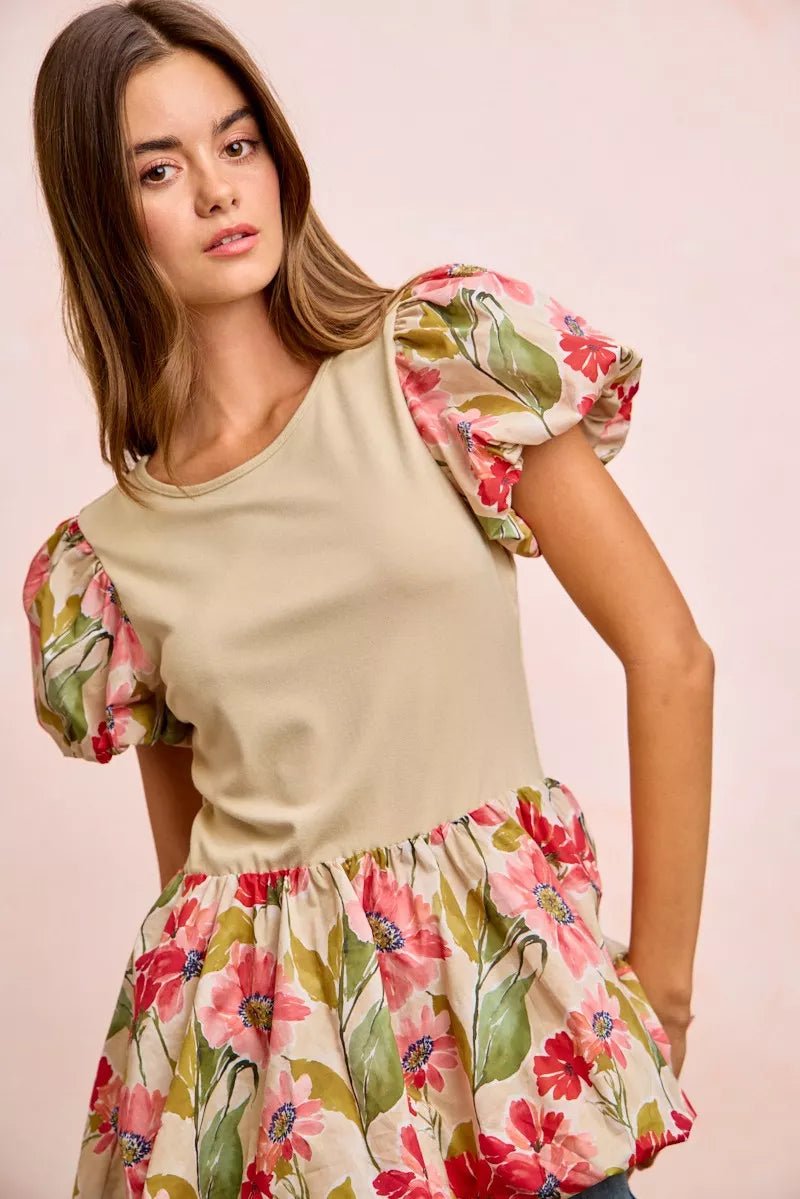 Floral Peplum Top with Bubble Sleeves - 