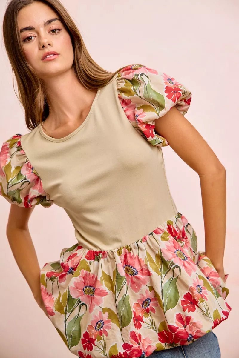 Floral Peplum Top with Bubble Sleeves - 