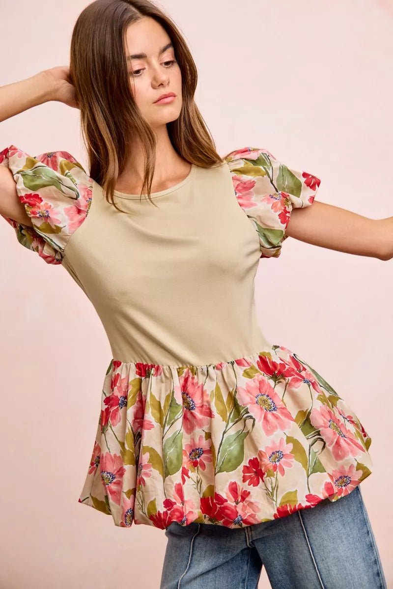Floral Peplum Top with Bubble Sleeves - 
