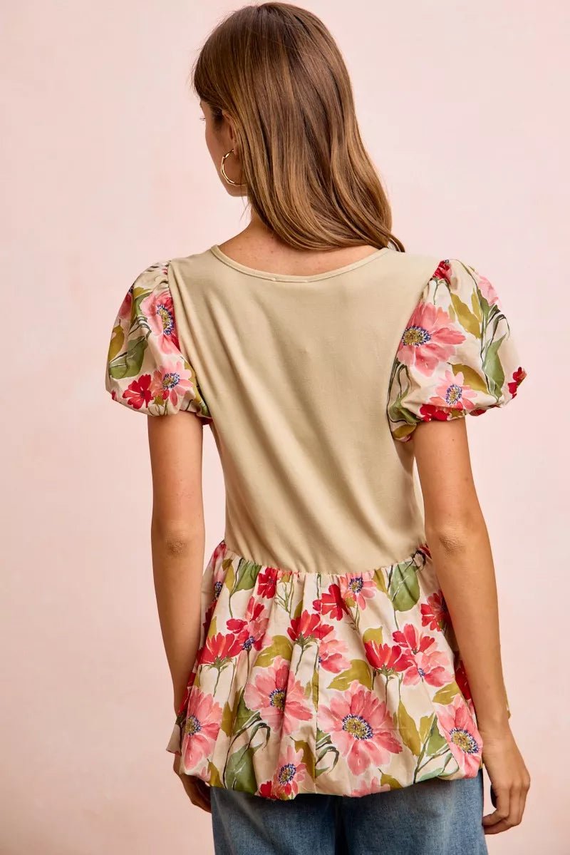 Floral Peplum Top with Bubble Sleeves - 