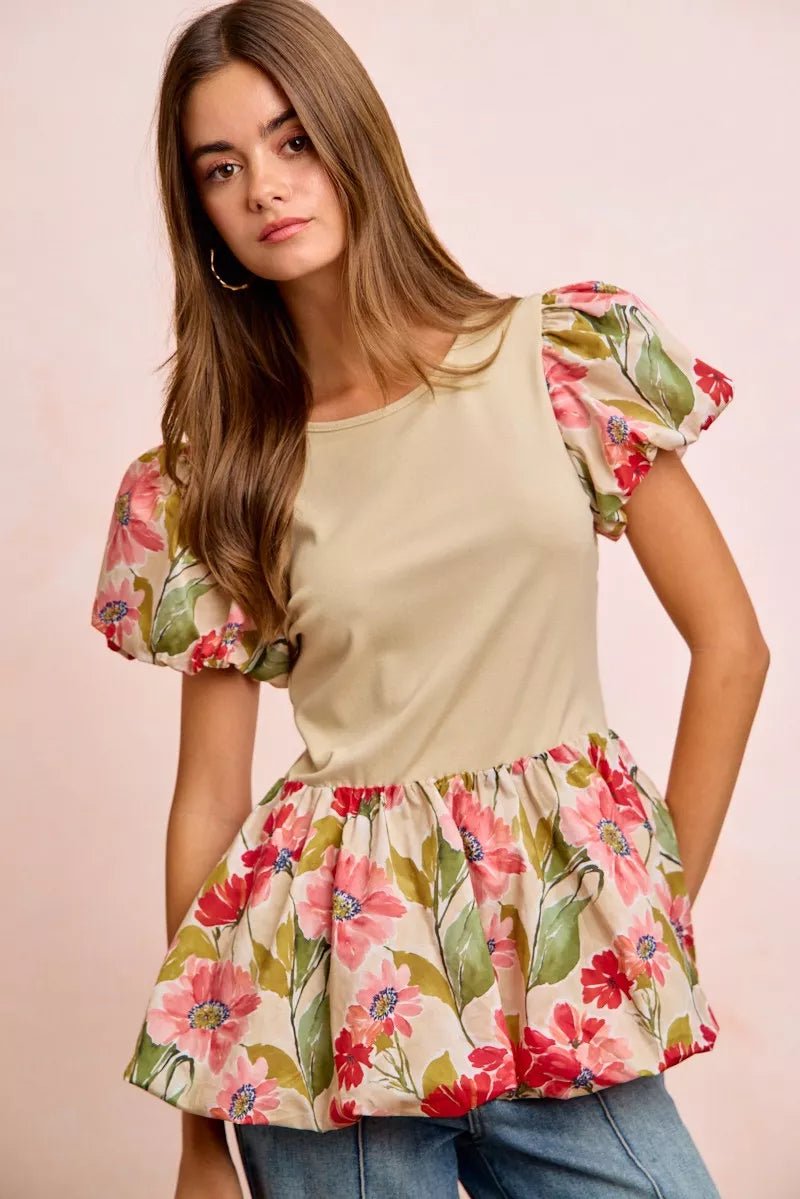 Floral Peplum Top with Bubble Sleeves - 