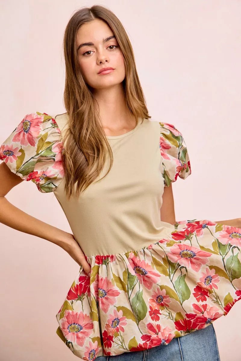 Floral Peplum Top with Bubble Sleeves - 