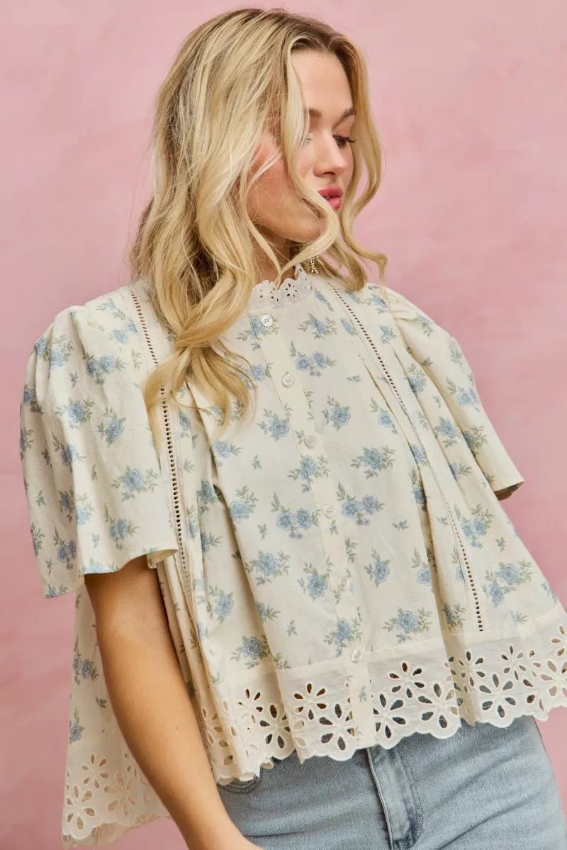 Floral Print Blouse with Lace Trim - 