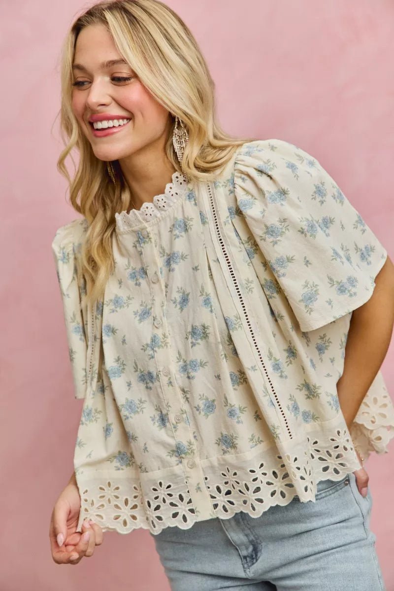 Floral Print Blouse with Lace Trim - 