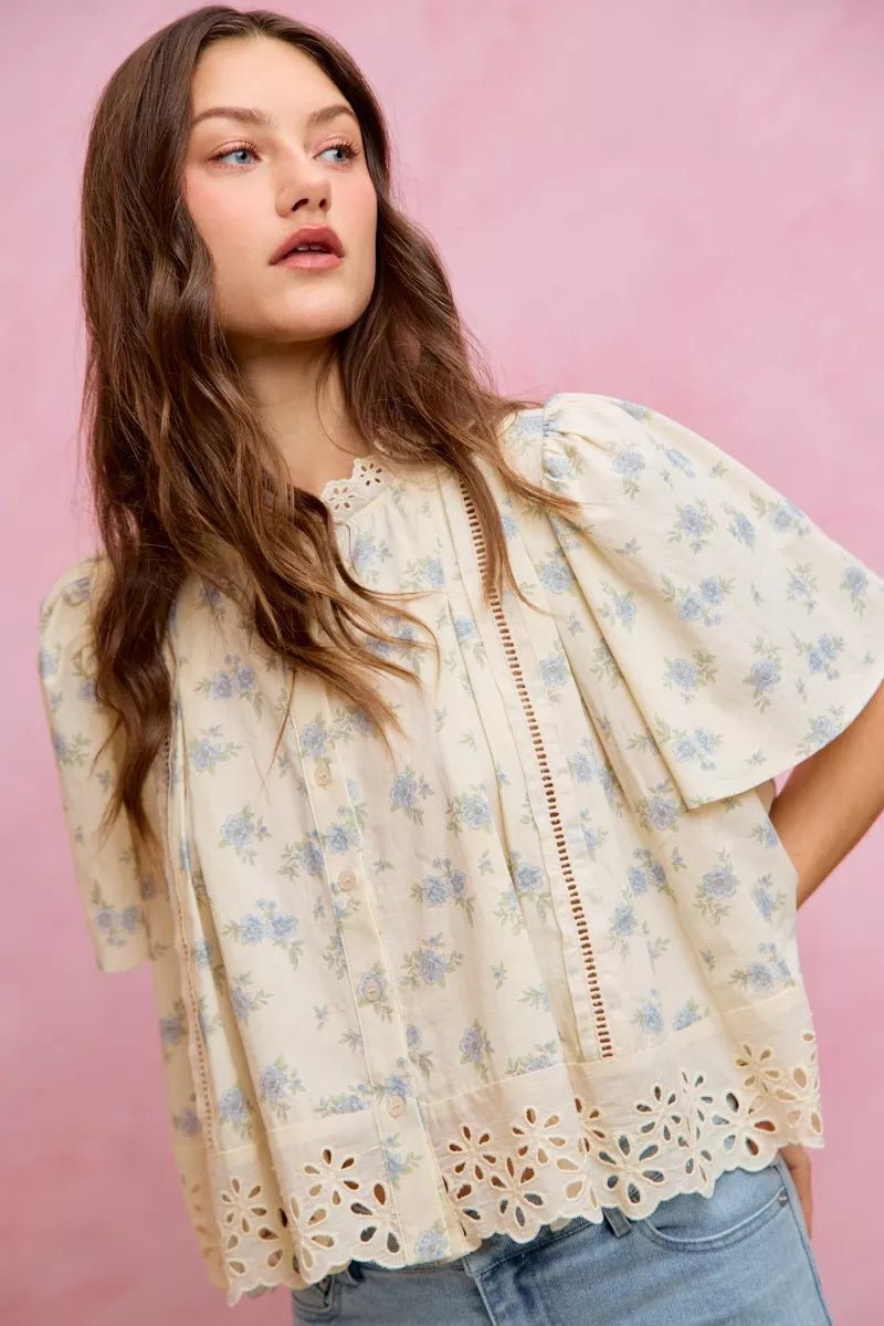 Floral Print Blouse with Lace Trim - 