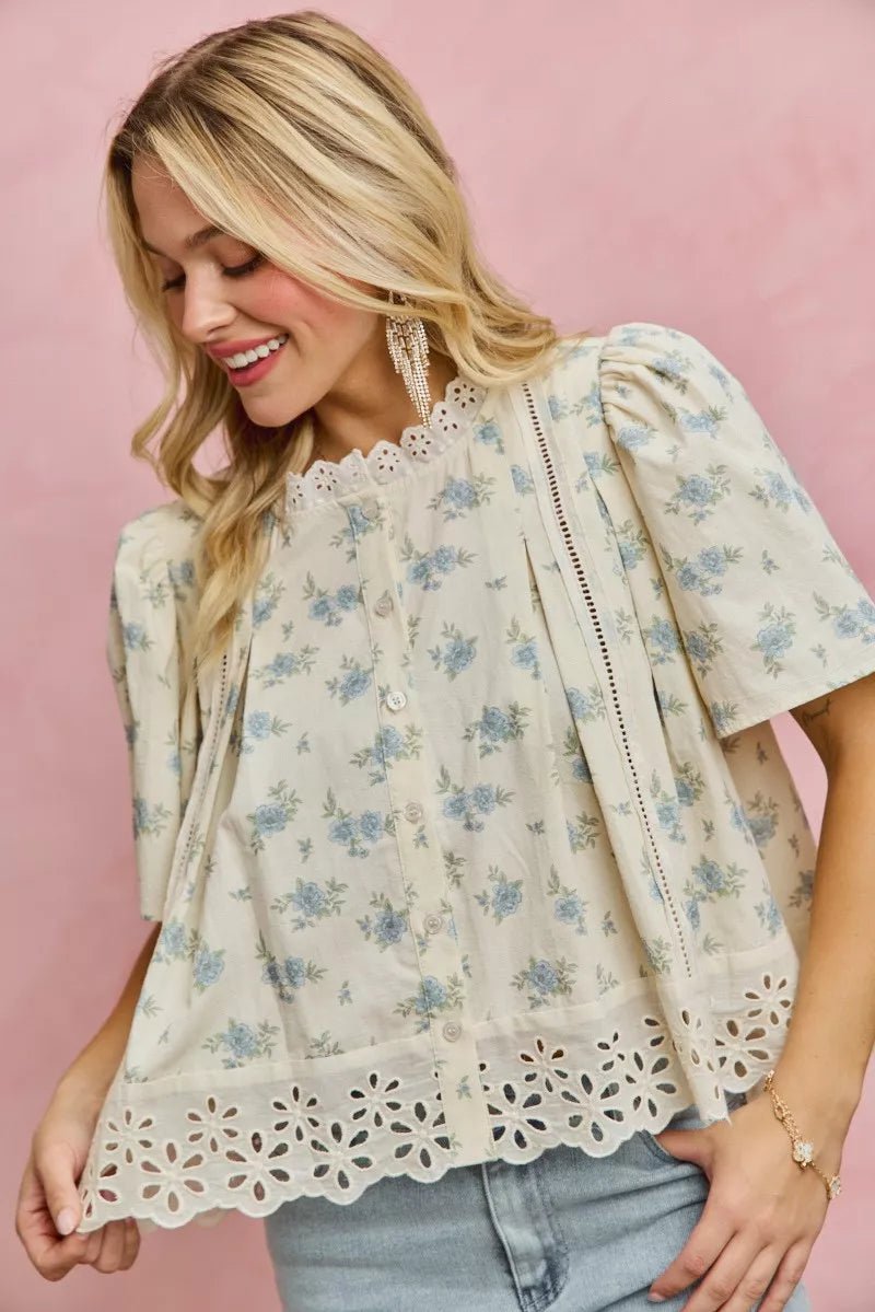 Floral Print Blouse with Lace Trim - 