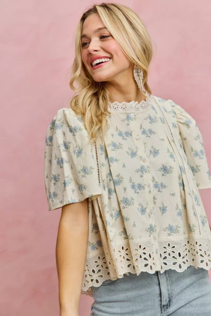 Floral Print Blouse with Lace Trim - 