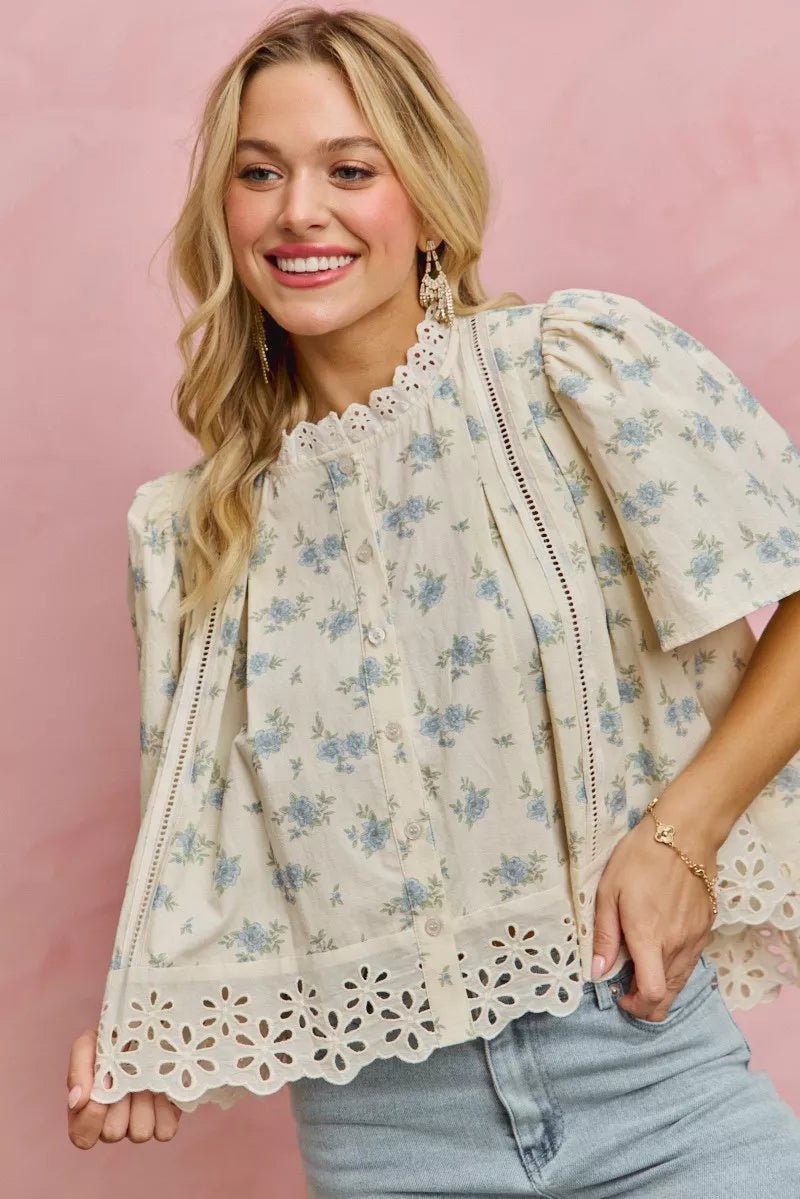 Floral Print Blouse with Lace Trim - 