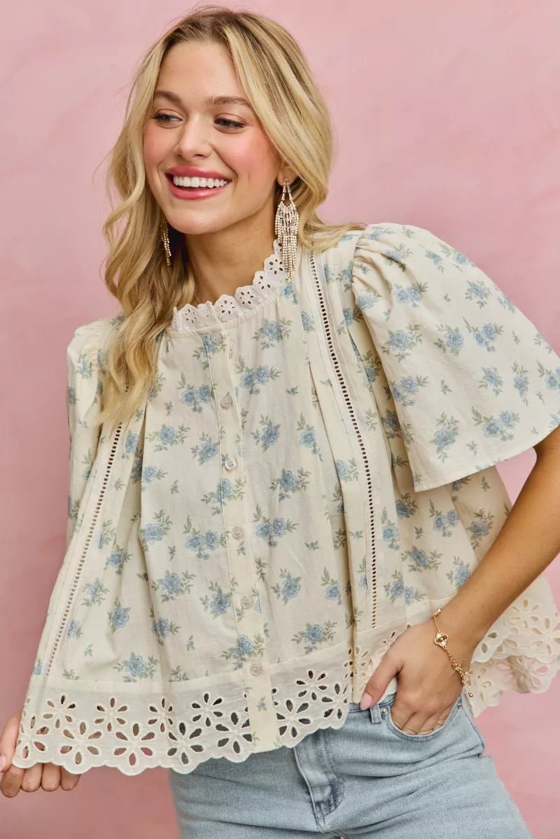 Floral Print Blouse with Lace Trim - 