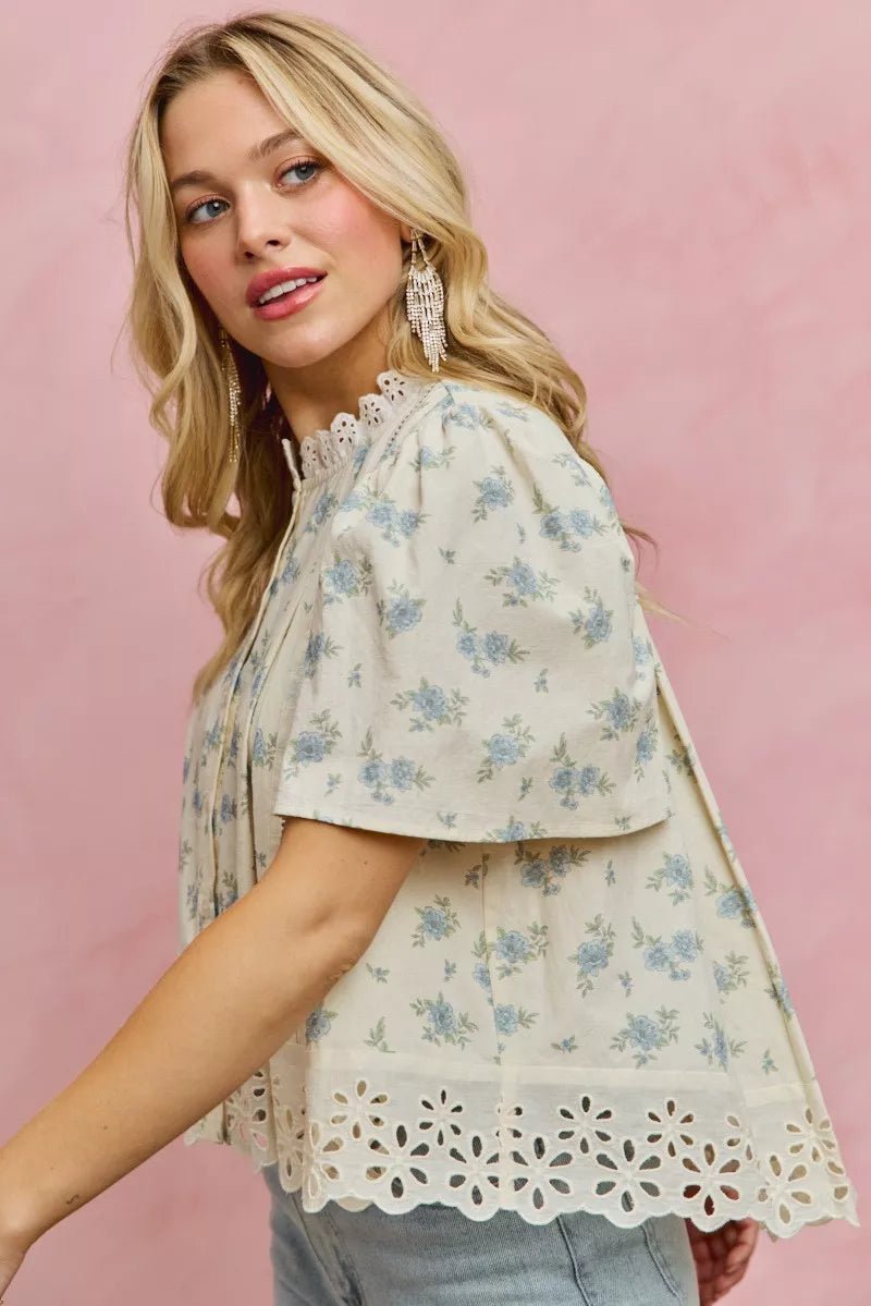 Floral Print Blouse with Lace Trim - 