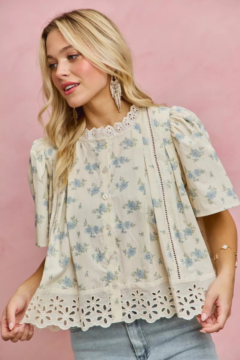 Floral Print Blouse with Lace Trim - 