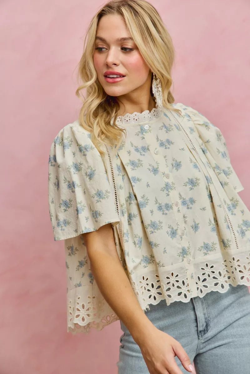 Floral Print Blouse with Lace Trim - 
