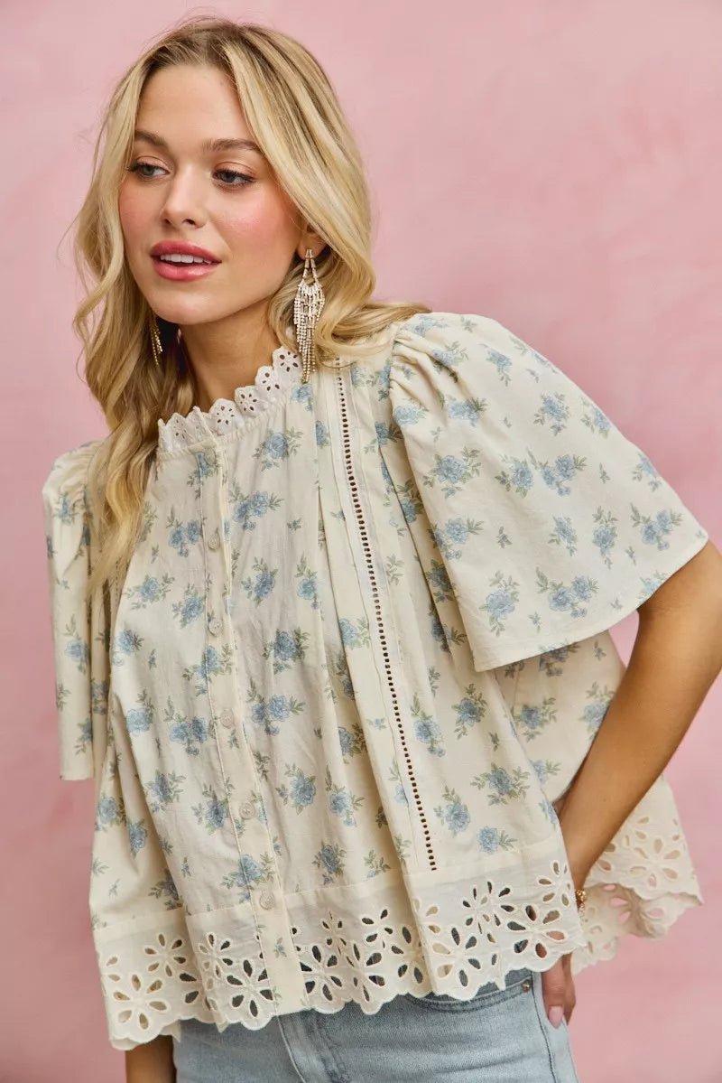 Floral Print Blouse with Lace Trim - 