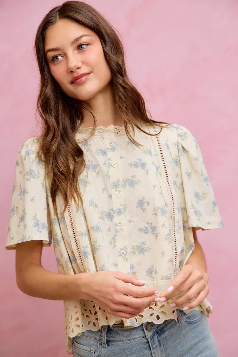 Floral Print Blouse with Lace Trim - 