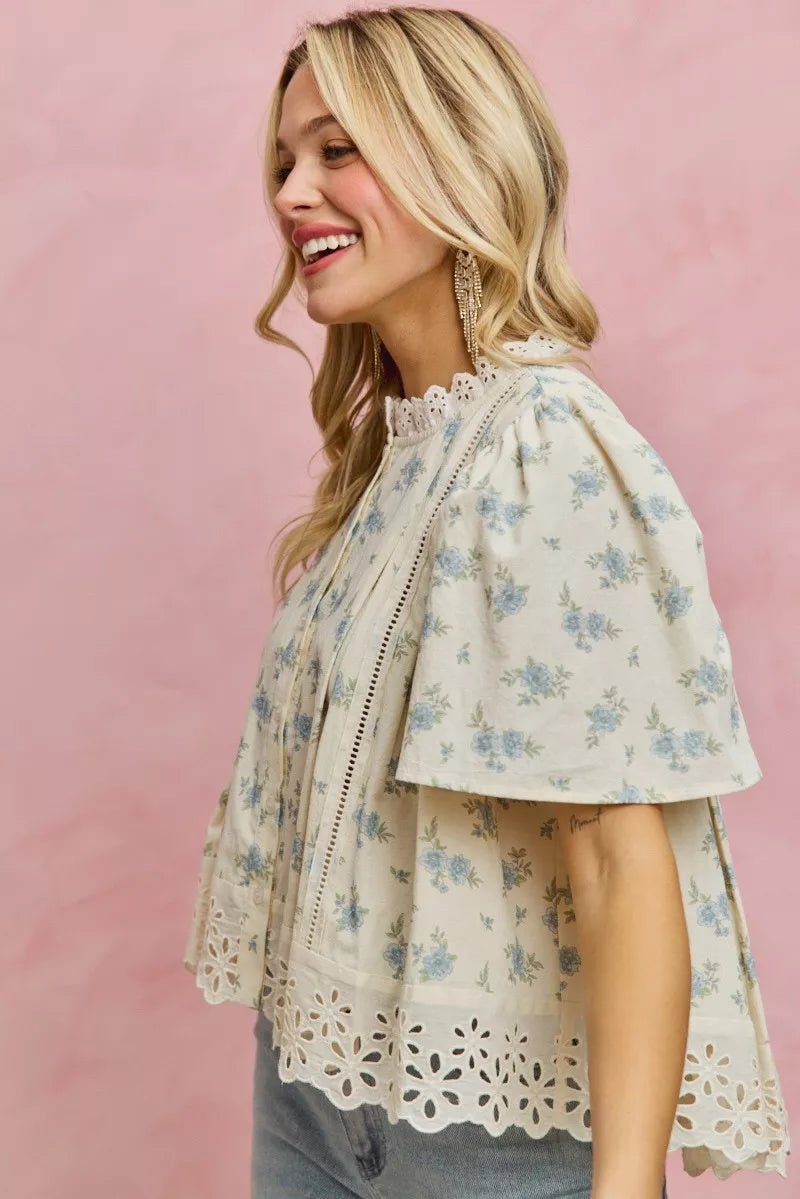 Floral Print Blouse with Lace Trim - 