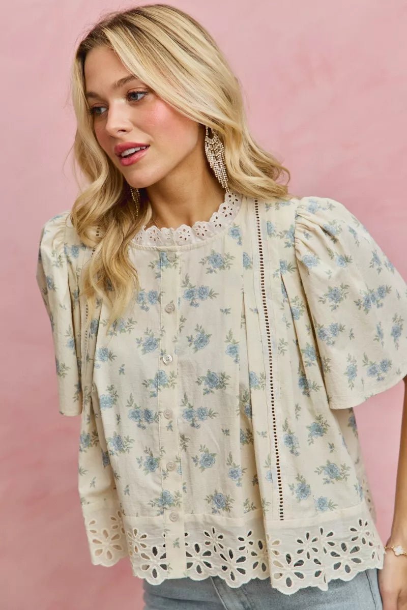 Floral Print Blouse with Lace Trim - 