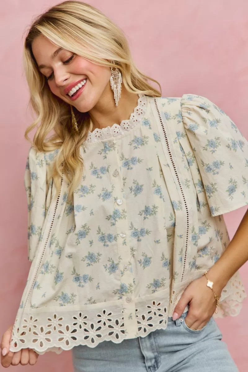 Floral Print Blouse with Lace Trim - 