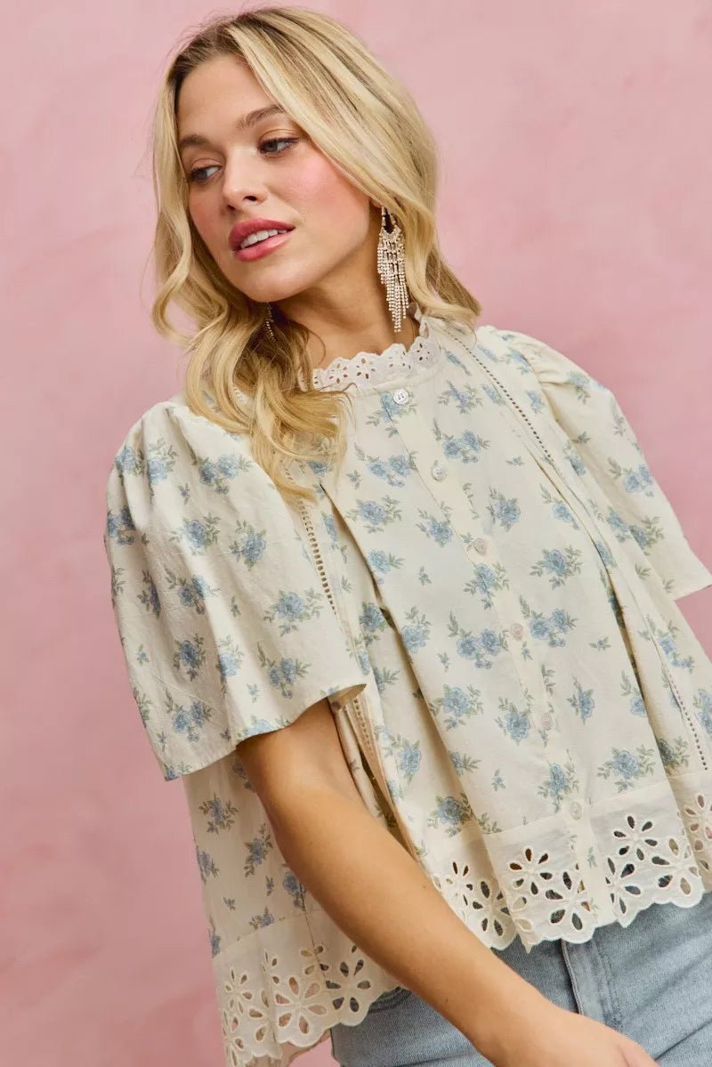 Floral Print Blouse with Lace Trim - 