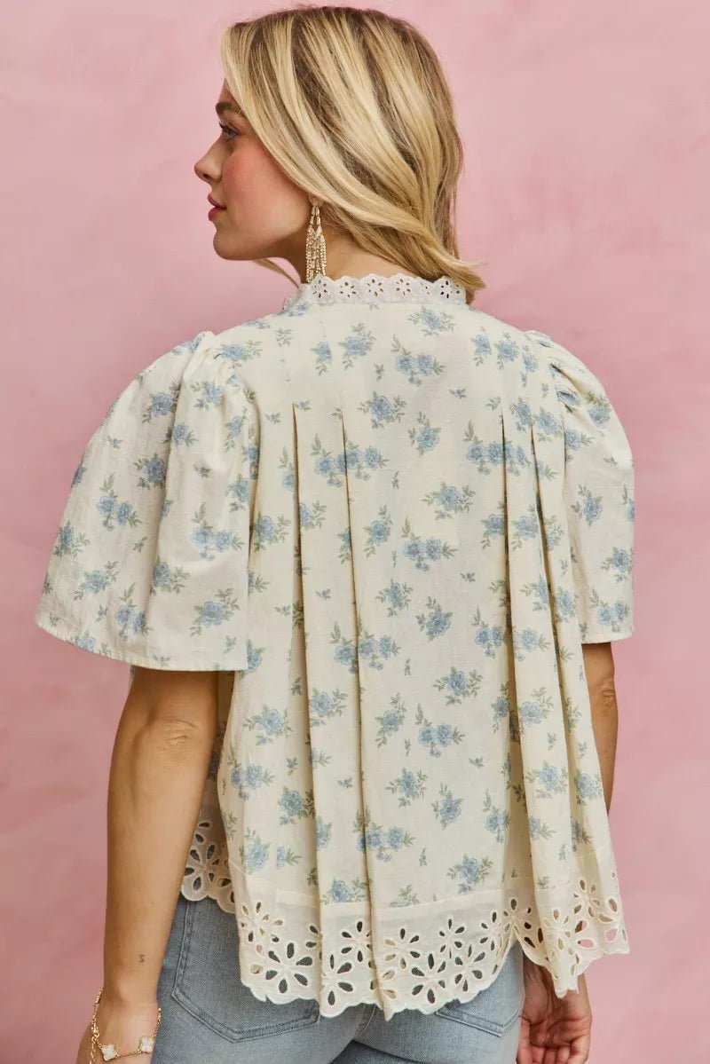 Floral Print Blouse with Lace Trim - 