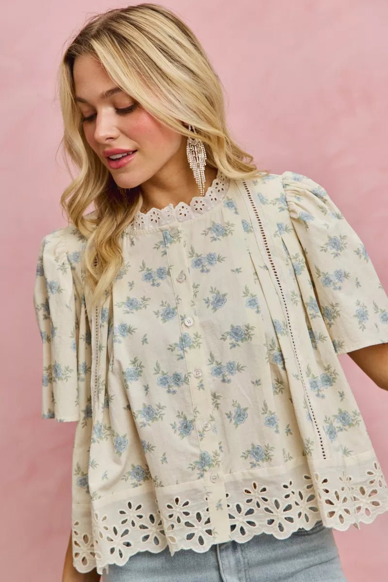 Floral Print Blouse with Lace Trim - 