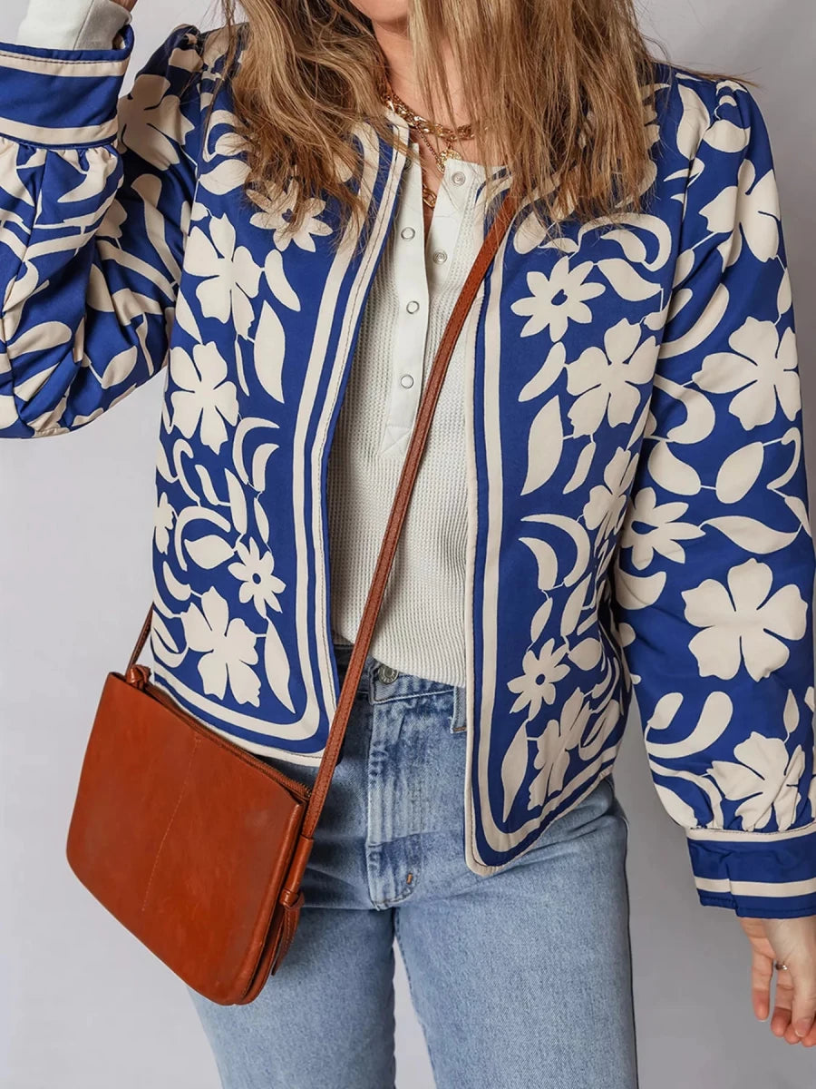 Floral Print Button Jacket with Cuffs - 