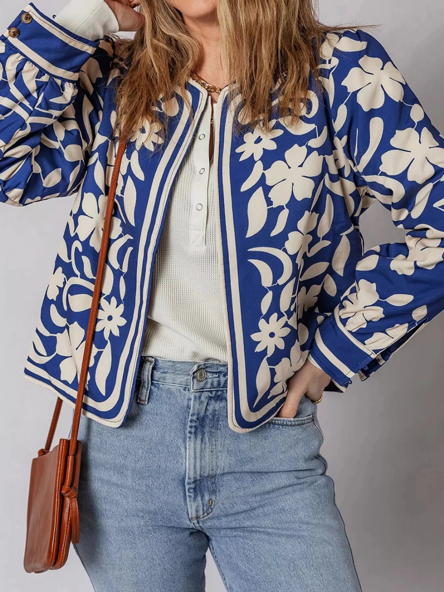 Floral Print Button Jacket with Cuffs - 