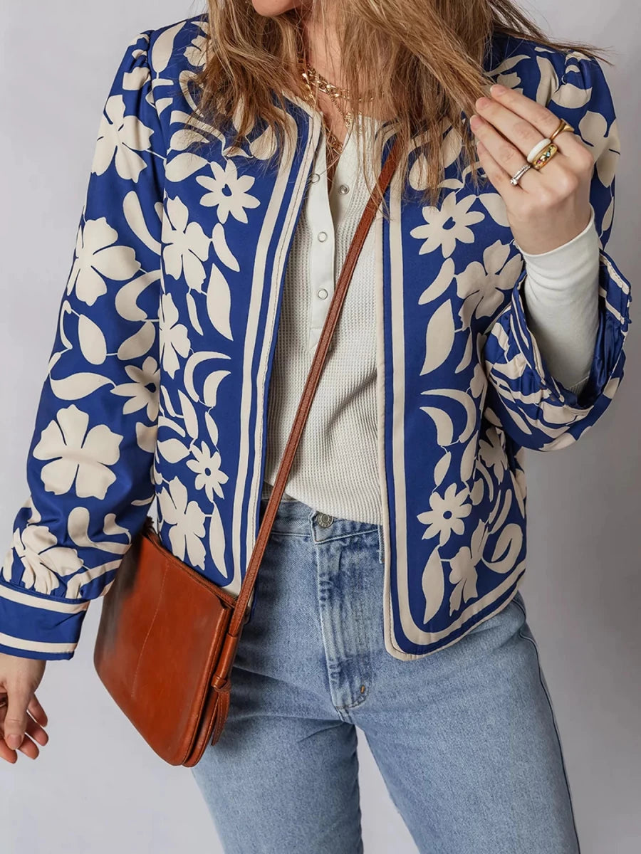 Floral Print Button Jacket with Cuffs - 