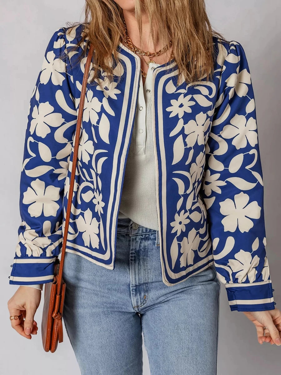 Floral Print Button Jacket with Cuffs - 